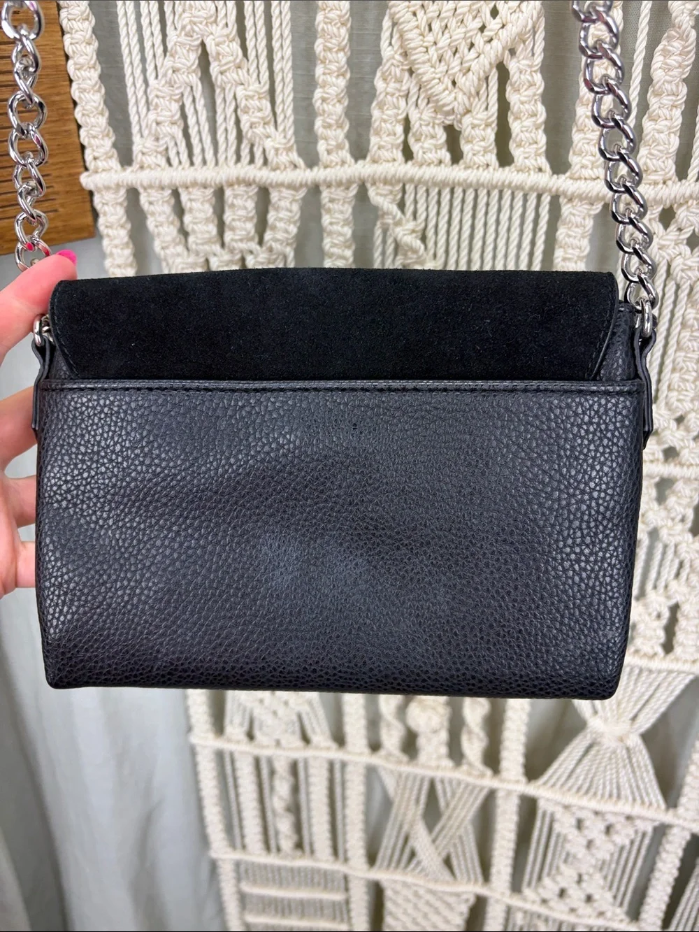 White House Black Market Black Crossbody Bag with Black Suede, Floral Embroidery